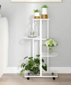 4-Floor Flower Stand With Wheels 44x23x80 Cm White Iron