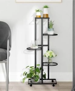 5-Floor Flower Stand With Wheels 44x23x100 Cm Black Iron