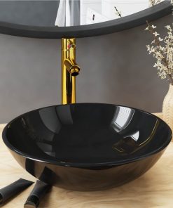 Bathroom Sink With Tap And Push Drain Black Tempered Glass