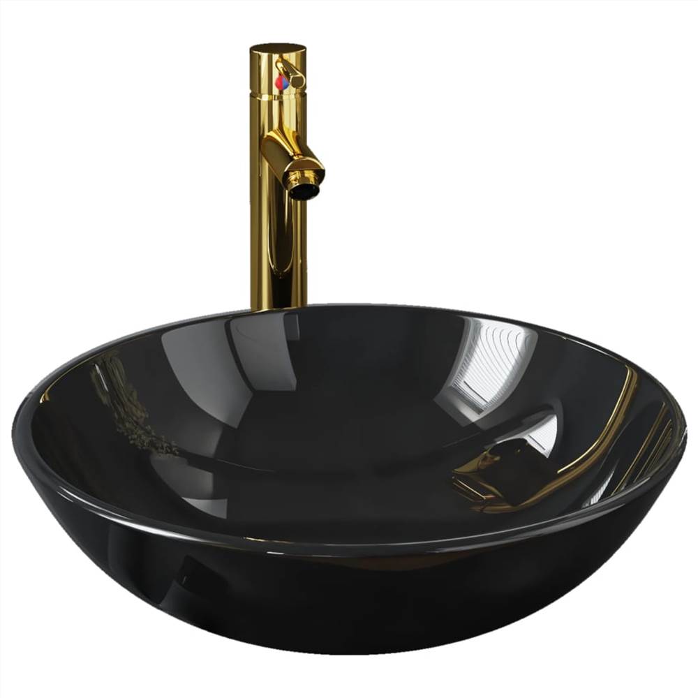 Bathroom Sink with Tap and Push Drain Black Tempered Glass Bathroom Sink With Tap And Push Drain Black Tempered Glass -Room Bathroom Sink with Tap and Push Drain Black Tempered Glass 507498 1