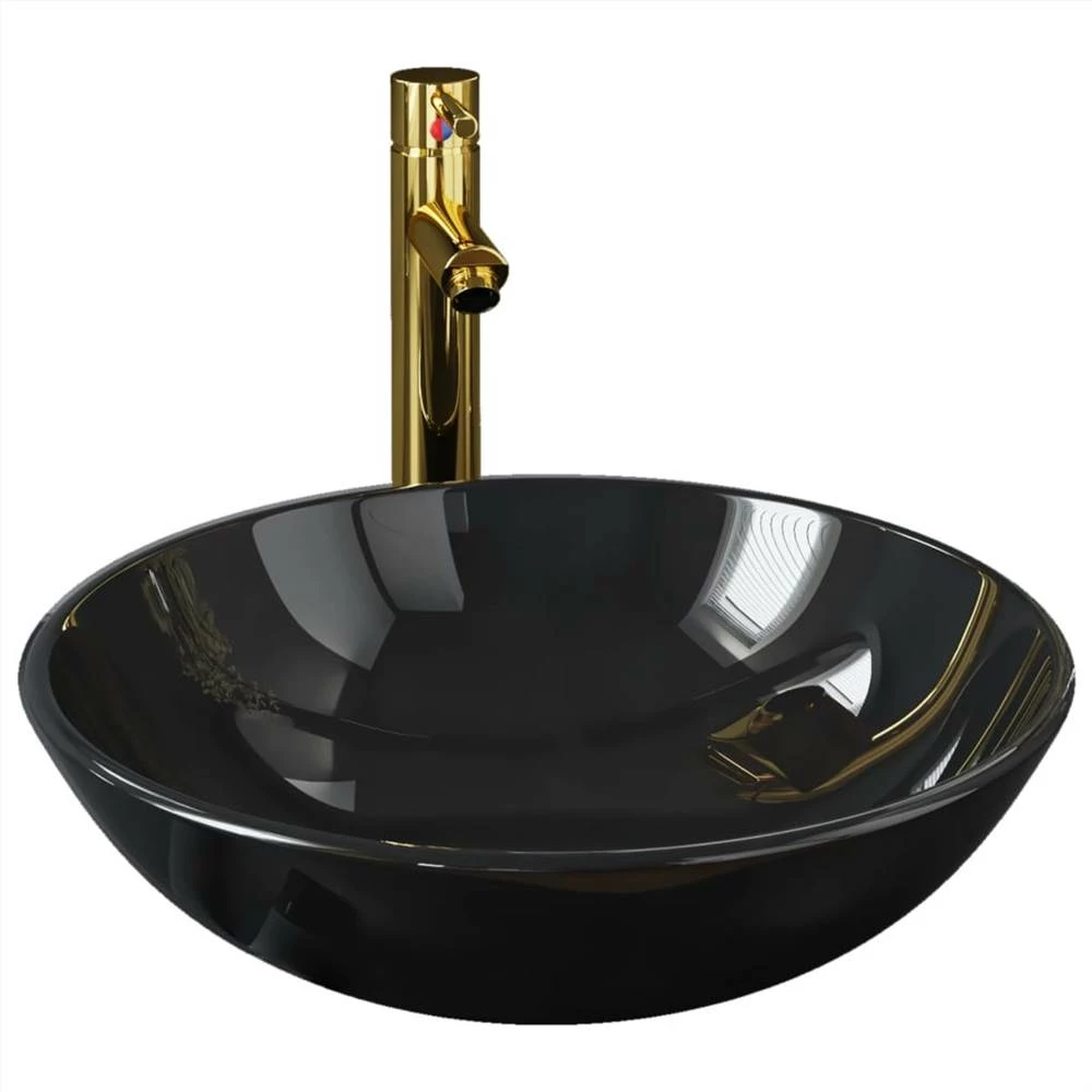 Bathroom Sink With Tap And Push Drain Black Tempered Glass - Image 2