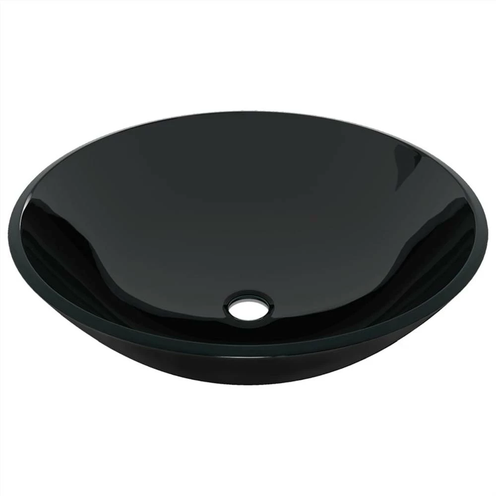 Bathroom Sink With Tap And Push Drain Black Tempered Glass - Image 6