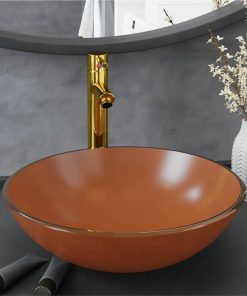 Bathroom Sink With Tap And Push Drain Brown Tempered Glass