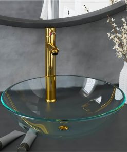 Bathroom Sink With Tap And Push Drain Clear Tempered Glass