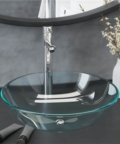 Bathroom Sink With Tap And Push Drain Clear Tempered Glass
