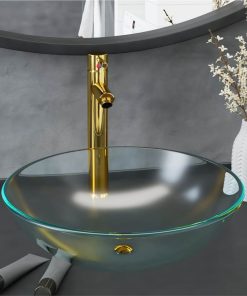 Bathroom Sink With Tap And Push Drain Frosted Tempered Glass