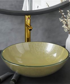 Bathroom Sink With Tap And Push Drain Gold Tempered Glass
