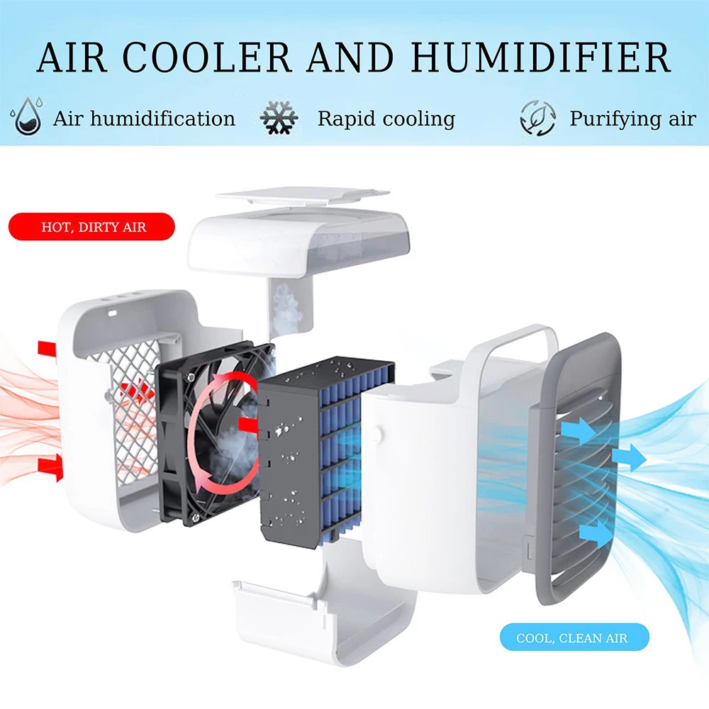 Desktop Portable Air Cooler, Refrigeration Humidification Air Conditioning Fan, 2000mAh USB Charging, Night Light - Grey - Image 3