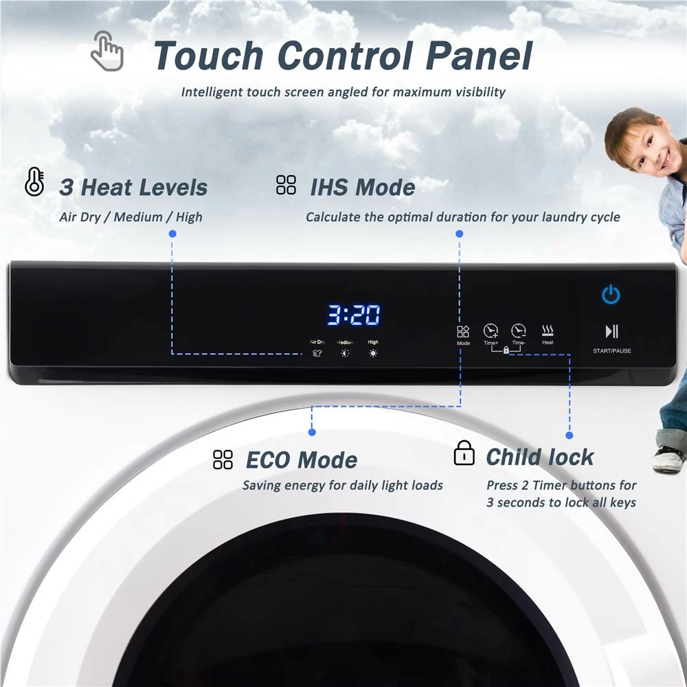Portable Electric Clothes Dryer, With Touch Screen Panel And Stainless Steel Tub, For Apartments, Dormitory, And RVs - White - Image 2