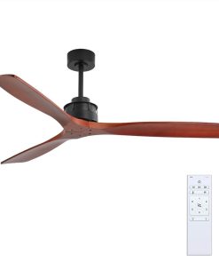 60" Metal Ceiling Fan Lamp With 3 Wooden Blades, And Remote Control, For Living Room, Bedroom, Corridor, Dining Room - Black + Red