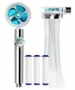 Handheld Turbocharged Shower Head With 3 Filters, High-Pressure Water Saving Home Bath Turbo Fan Shower Kit - Blue + Silver