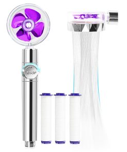 Handheld Turbocharged Shower Head With 3 Filters, High-Pressure Water Saving Home Bath Turbo Fan Shower Kit - Purple + Silver