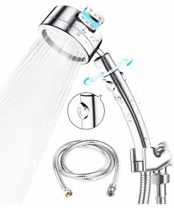 High-Pressure Chrome Plated Handheld Shower Head Kit, 3 Levels, 1.5m Hose, Water Saving 360 Degree Adjustable, Stop Switch Button