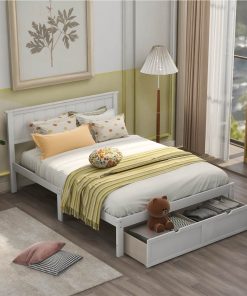 Full Size Wooden Bed Frame With Under-bed Storage Drawer - White -Room Not allowed to sell to Walmart Full Size Platform Bed with Under bed Drawers White 457375 3