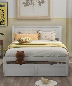 Full Size Wooden Bed Frame With Under-bed Storage Drawer - White