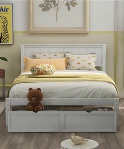 Full Size Wooden Bed Frame With Under-bed Storage Drawer - White