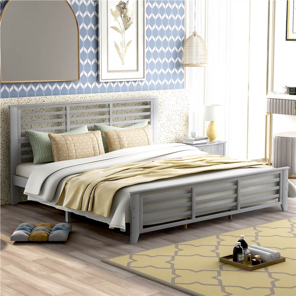 King-Size Wooden Platform Bed Frame with Hollow Shape Horizontal Strip and Wooden Slats Support - Gray King-Size Wooden Platform Bed Frame With Hollow Shape Horizontal Strip And Wooden Slats Support - Gray -Room Not allowed to sell to Walmart Platform bed with horizontal strip hollow shape King size gray New 460797 0