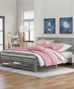 King-Size Wooden Platform Bed Frame With Hollow Shape Horizontal Strip And Wooden Slats Support - Gray 6 King-Size Wooden Platform Bed Frame With Hollow Shape Horizontal Strip And Wooden Slats Support - Gray -Room Not allowed to sell to Walmart Platform bed with horizontal strip hollow shape King size gray New 460797 3