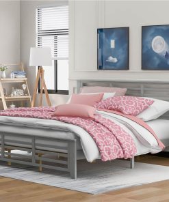 King-Size Wooden Platform Bed Frame With Hollow Shape Horizontal Strip And Wooden Slats Support - Gray