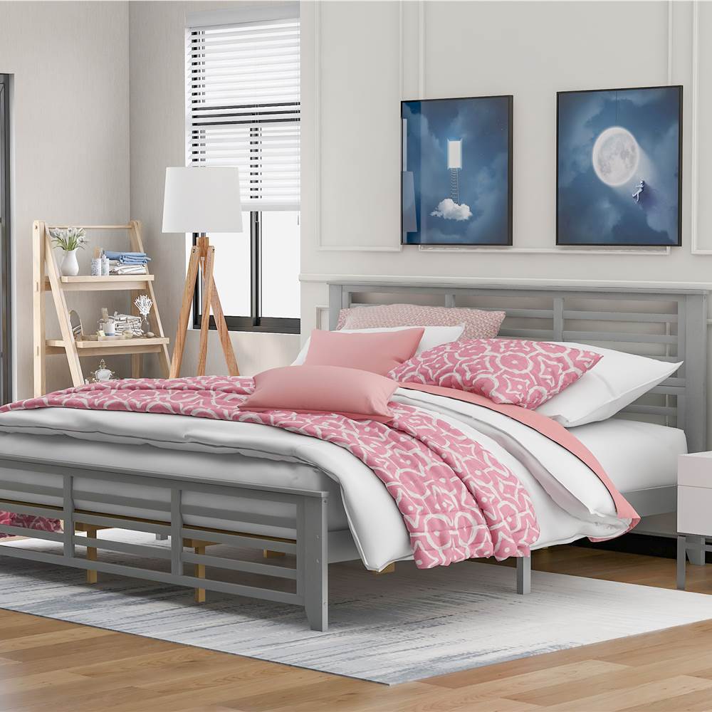 King-Size Wooden Platform Bed Frame with Hollow Shape Horizontal Strip and Wooden Slats Support - Gray King-Size Wooden Platform Bed Frame With Hollow Shape Horizontal Strip And Wooden Slats Support - Gray -Room Not allowed to sell to Walmart Platform bed with horizontal strip hollow shape King size gray New 460797 4