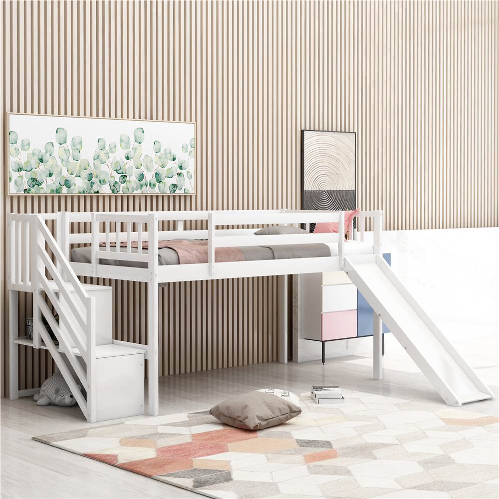 Twin Size Children's Loft Bed with Adjustable Slides, Stairs and Guardrails - White Twin Size Children's Loft Bed With Adjustable Slides, Stairs And Guardrails - White -Room Not allowed to sell to Walmart Twin Size Low Loft Bed with Adjustable Slide and Staircase White New 456425 0