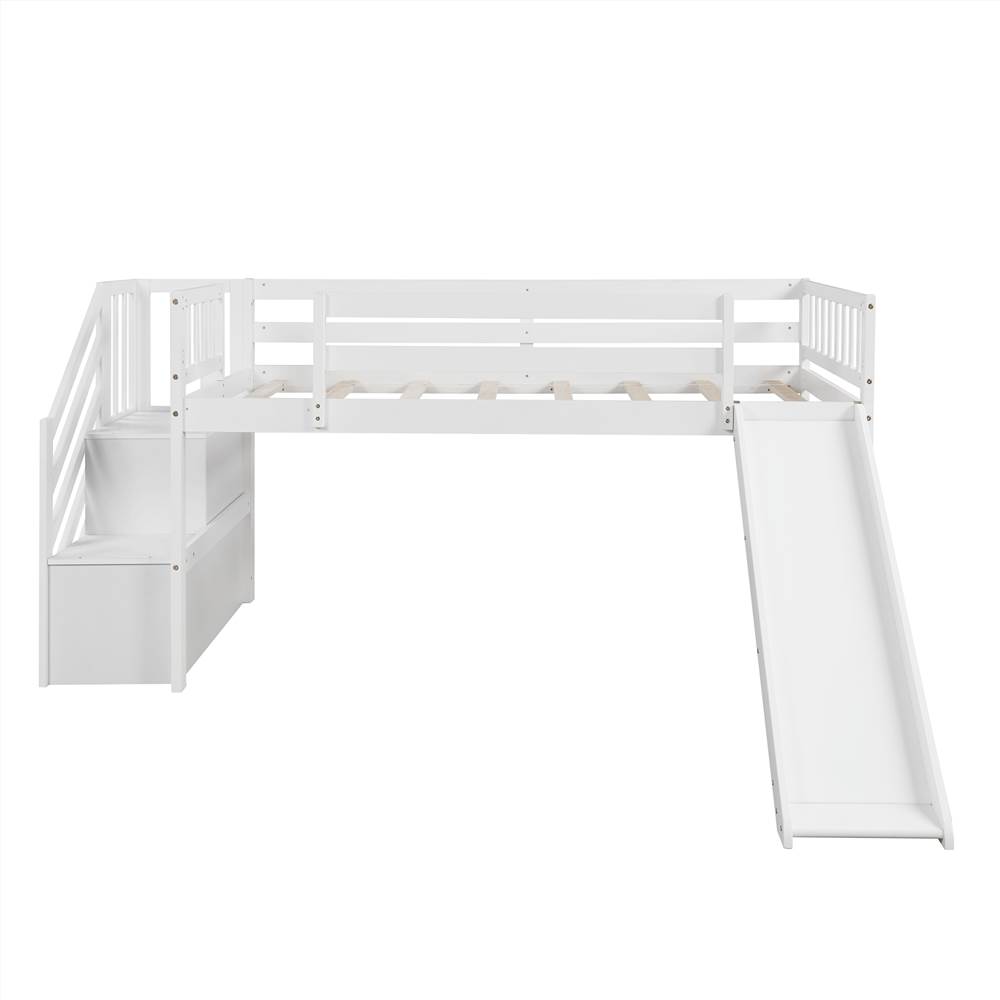 Twin Size Children's Loft Bed with Adjustable Slides, Stairs and Guardrails - White Twin Size Children's Loft Bed With Adjustable Slides, Stairs And Guardrails - White -Room Not allowed to sell to Walmart Twin Size Low Loft Bed with Adjustable Slide and Staircase White New 456425 2