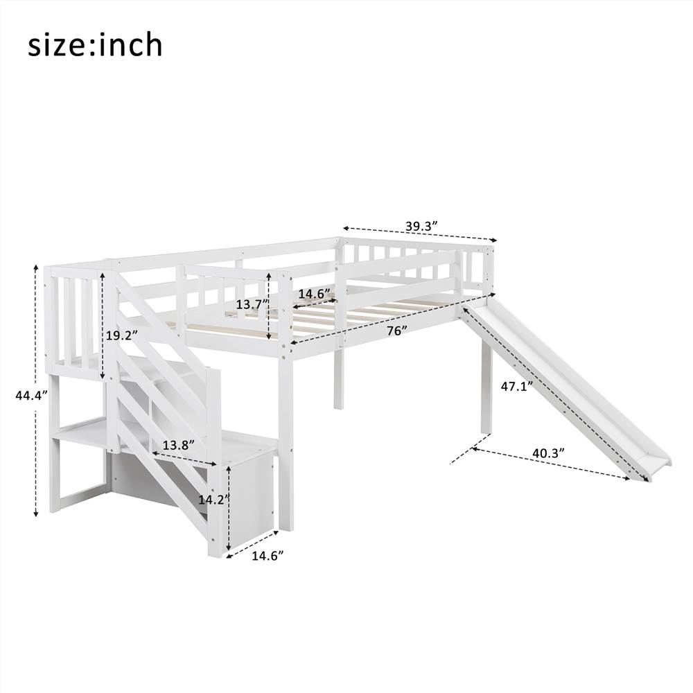 Twin Size Children's Loft Bed with Adjustable Slides, Stairs and Guardrails - White Twin Size Children's Loft Bed With Adjustable Slides, Stairs And Guardrails - White -Room Not allowed to sell to Walmart Twin Size Low Loft Bed with Adjustable Slide and Staircase White New 456425 3