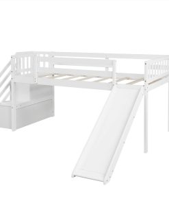 Twin Size Children's Loft Bed With Adjustable Slides, Stairs And Guardrails - White 6 Twin Size Children's Loft Bed With Adjustable Slides, Stairs And Guardrails - White -Room Not allowed to sell to Walmart Twin Size Low Loft Bed with Adjustable Slide and Staircase White New 456425 4