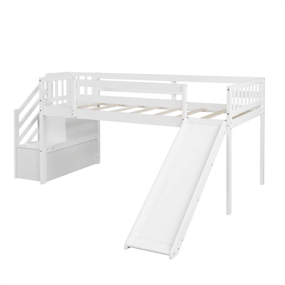 Twin Size Children's Loft Bed with Adjustable Slides, Stairs and Guardrails - White Twin Size Children's Loft Bed With Adjustable Slides, Stairs And Guardrails - White -Room Not allowed to sell to Walmart Twin Size Low Loft Bed with Adjustable Slide and Staircase White New 456425 4