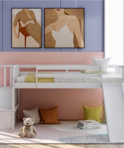 Twin Size Children's Loft Bed With Adjustable Slides, Stairs And Guardrails - White 7 Twin Size Children's Loft Bed With Adjustable Slides, Stairs And Guardrails - White -Room Not allowed to sell to Walmart Twin Size Low Loft Bed with Adjustable Slide and Staircase White New 456425 5