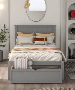 Twin Size Wooden Bed Frame With Under-bed Storage Drawer - Gray