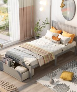Twin Size Wooden Bed Frame With Under-bed Storage Drawer - Gray -Room Not allowed to sell to Walmart Twin Size Platform Bed with Under bed Drawer Gray 457374 4