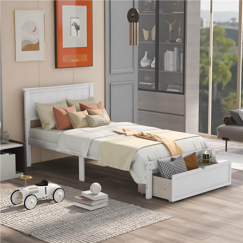 Twin Size Wooden Bed Frame with Under-bed Storage Drawer - White Twin Size Wooden Bed Frame With Under-bed Storage Drawer - White -Room Not allowed to sell to Walmart Twin Size Platform Bed with Under bed Drawer White 457376 0