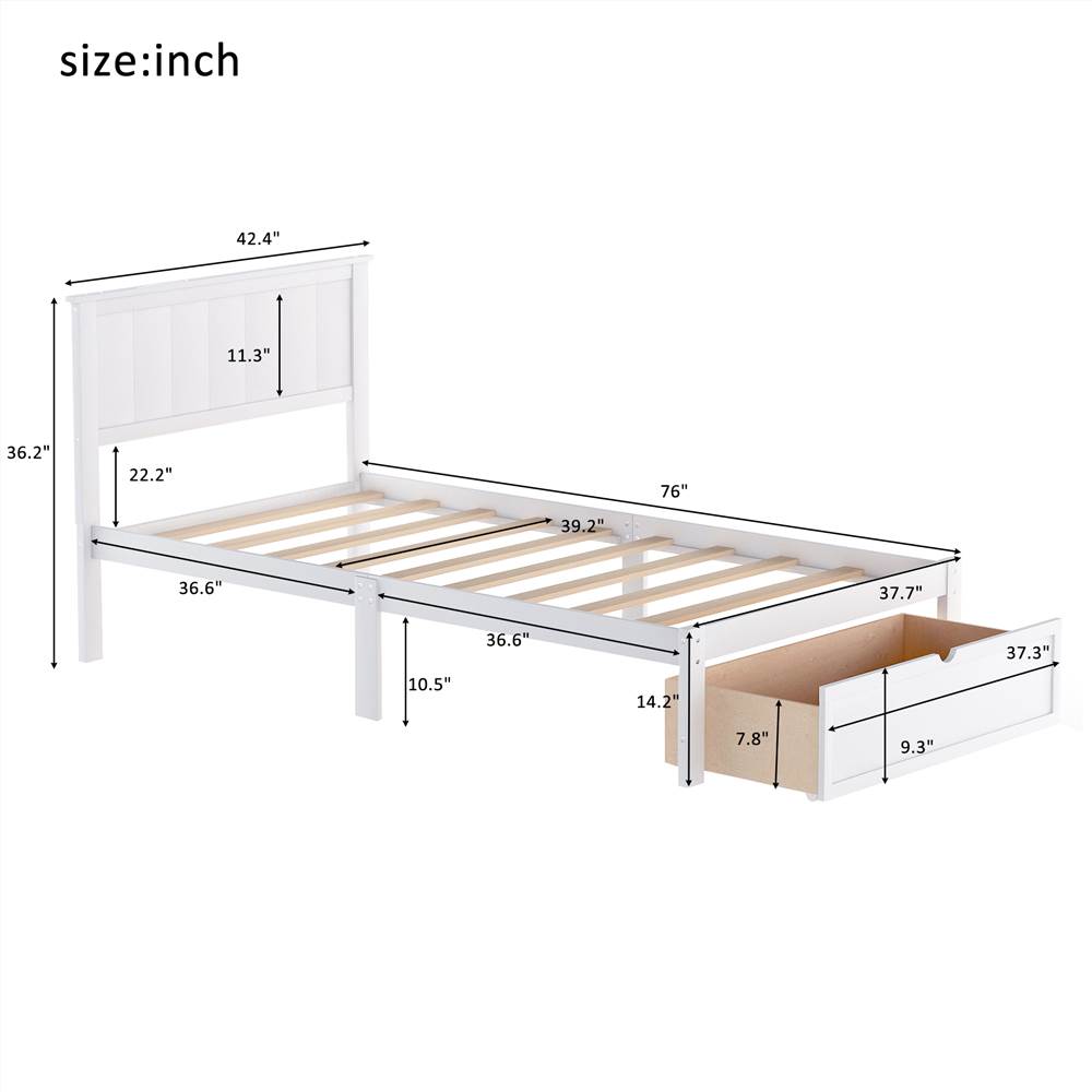 Twin Size Wooden Bed Frame with Under-bed Storage Drawer - White Twin Size Wooden Bed Frame With Under-bed Storage Drawer - White -Room Not allowed to sell to Walmart Twin Size Platform Bed with Under bed Drawer White 457376 2