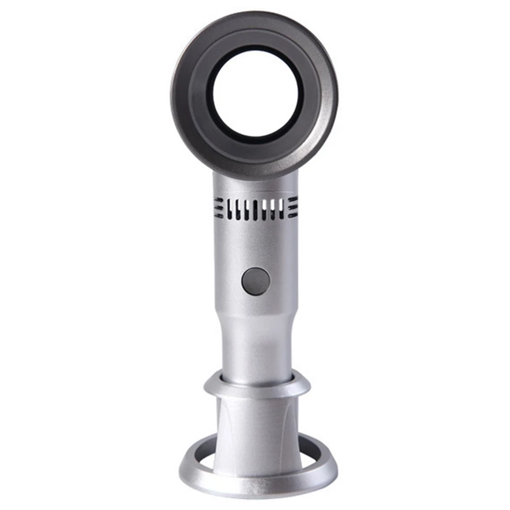 Portable Handheld Leafless Fan Manual Button USB Charging 2000mAh Battery Three Wind Speeds Detachable Base Summer Cool Down - Silver