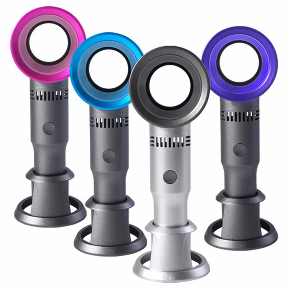 Portable Handheld Leafless Fan Manual Button USB Charging 2000mAh Battery Three Wind Speeds Detachable Base Summer Cool Down - Silver - Image 2