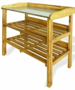 Potting Bench With 2 Shelves Solid Acacia Wood And Zinc