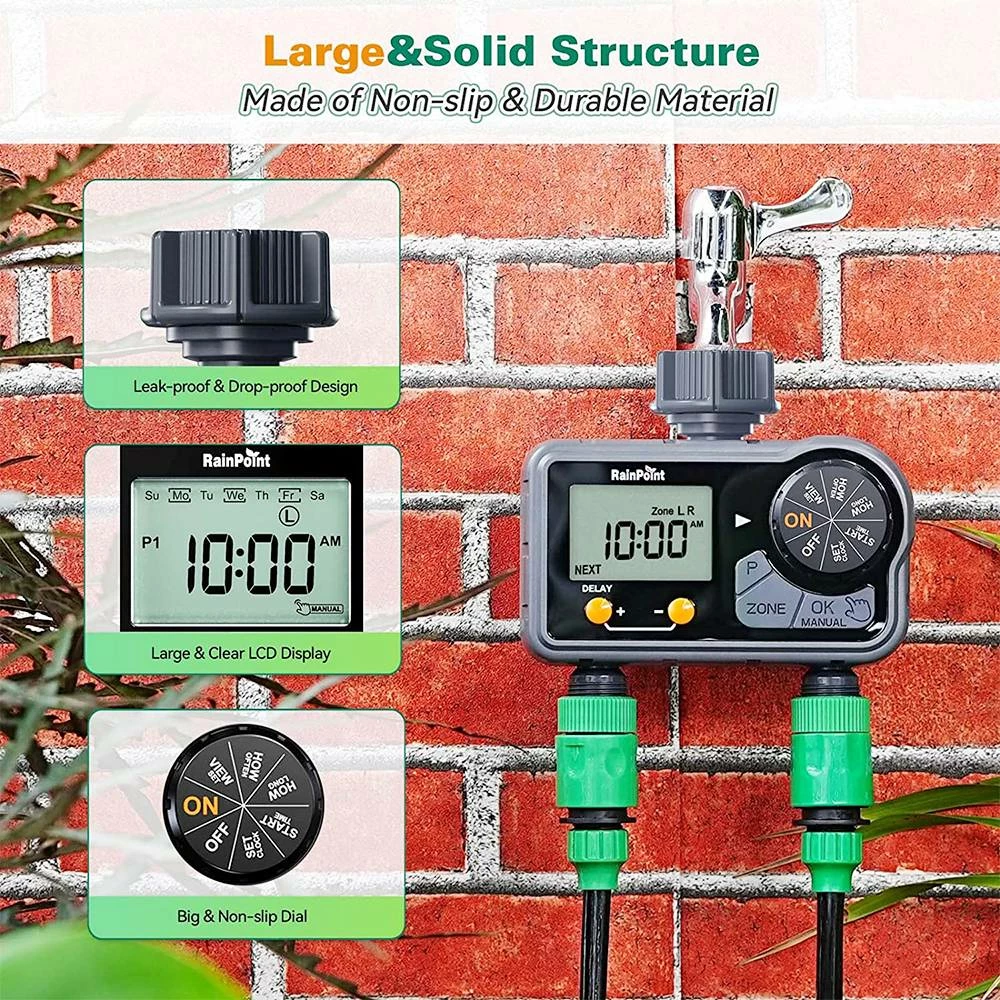 RainPoint ITV201P Digital Sprinkler Timer With 2 Zones, 6 Programmable Procedure, Waterproof Hose Timer, Rain Delay/Manual/Auto Mode - Image 4