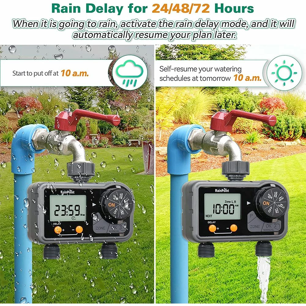 RainPoint ITV201P Digital Sprinkler Timer With 2 Zones, 6 Programmable Procedure, Waterproof Hose Timer, Rain Delay/Manual/Auto Mode - Image 5