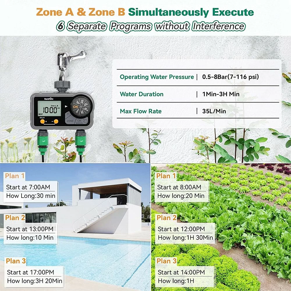 RainPoint ITV201P Digital Sprinkler Timer With 2 Zones, 6 Programmable Procedure, Waterproof Hose Timer, Rain Delay/Manual/Auto Mode - Image 6