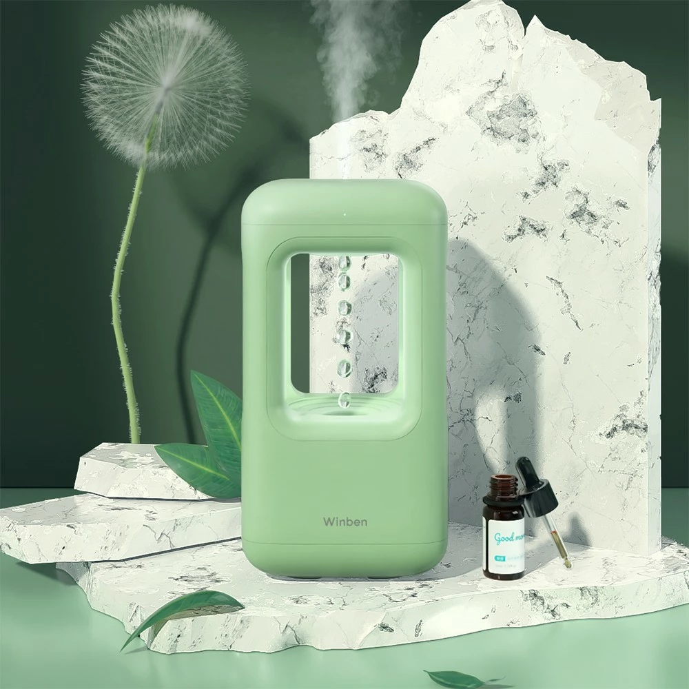 Winben Anti Gravity Levitating Water Drop Humidifier, Essential Oil Incense, 600ml Water Tank, Dual Humidification Mode, EU Plug - Green